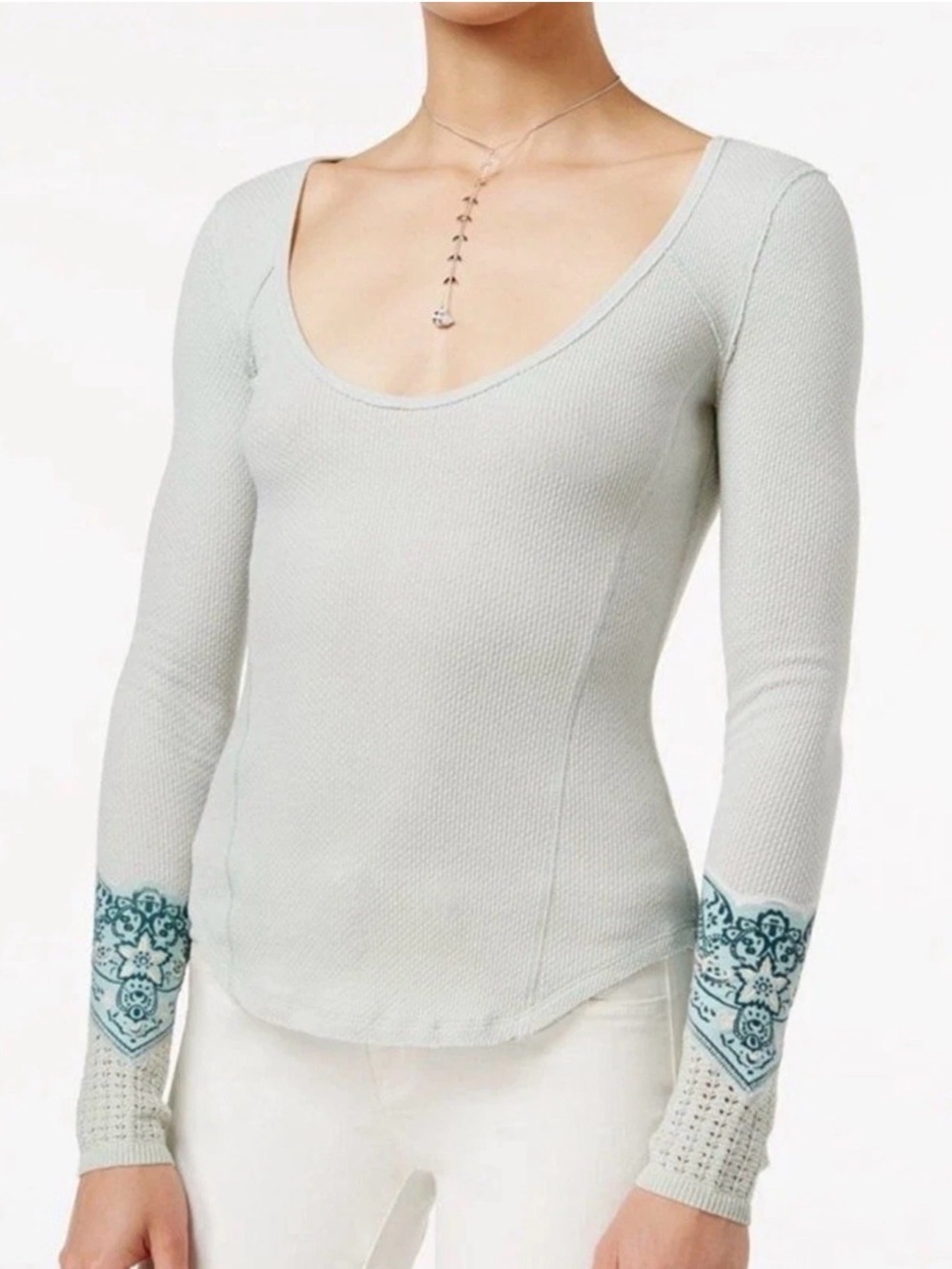 Free People We The Free Thermal Top Sage Paisley Bandana Cuff Waffle Knit S